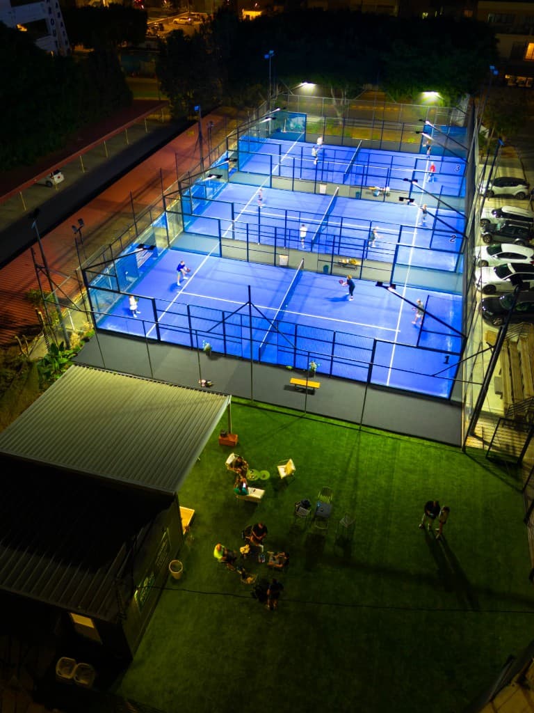 4U PADEL courts and social area at night, Limassol